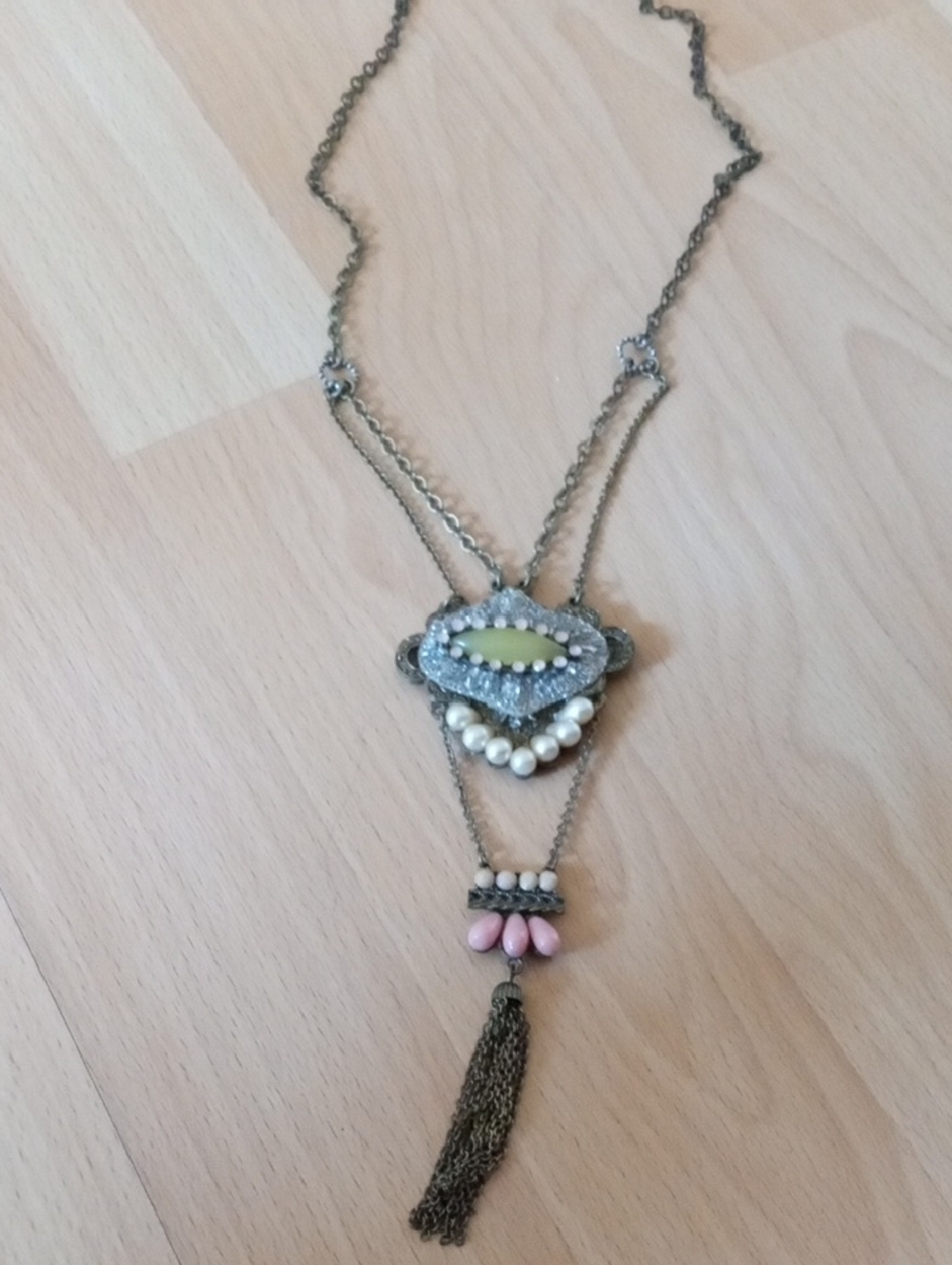 💲5⃣▶▶Antique Vintage Multi-Chain Pendant Necklace with Pink and Cream Accents